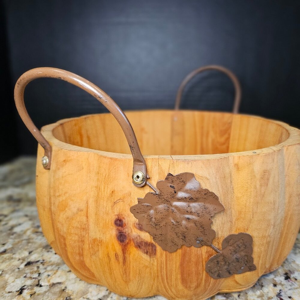 Pier One Rustic Hand Carved Pumpkin Bowl With Metal Handles and Leaf Accent